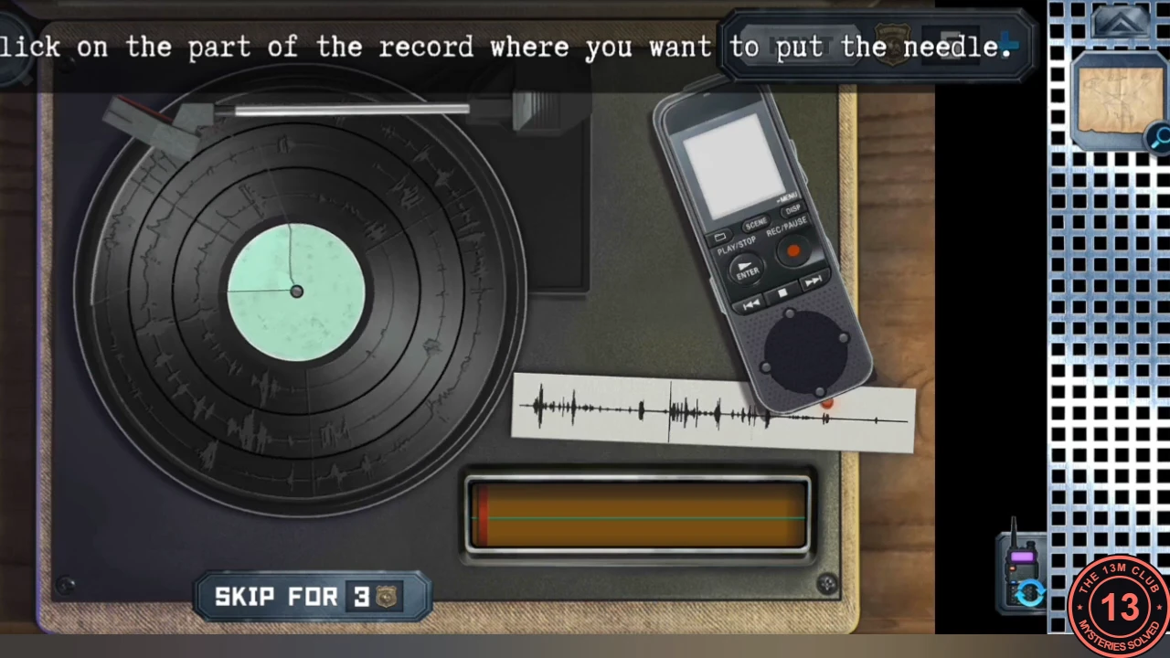 Cabin gramophone with the repaired record, the tone arm parked, the voice recorder and spectrogram strip beside it, an empty waveform display, and the instruction about clicking the part of the record where you want to put the needle.