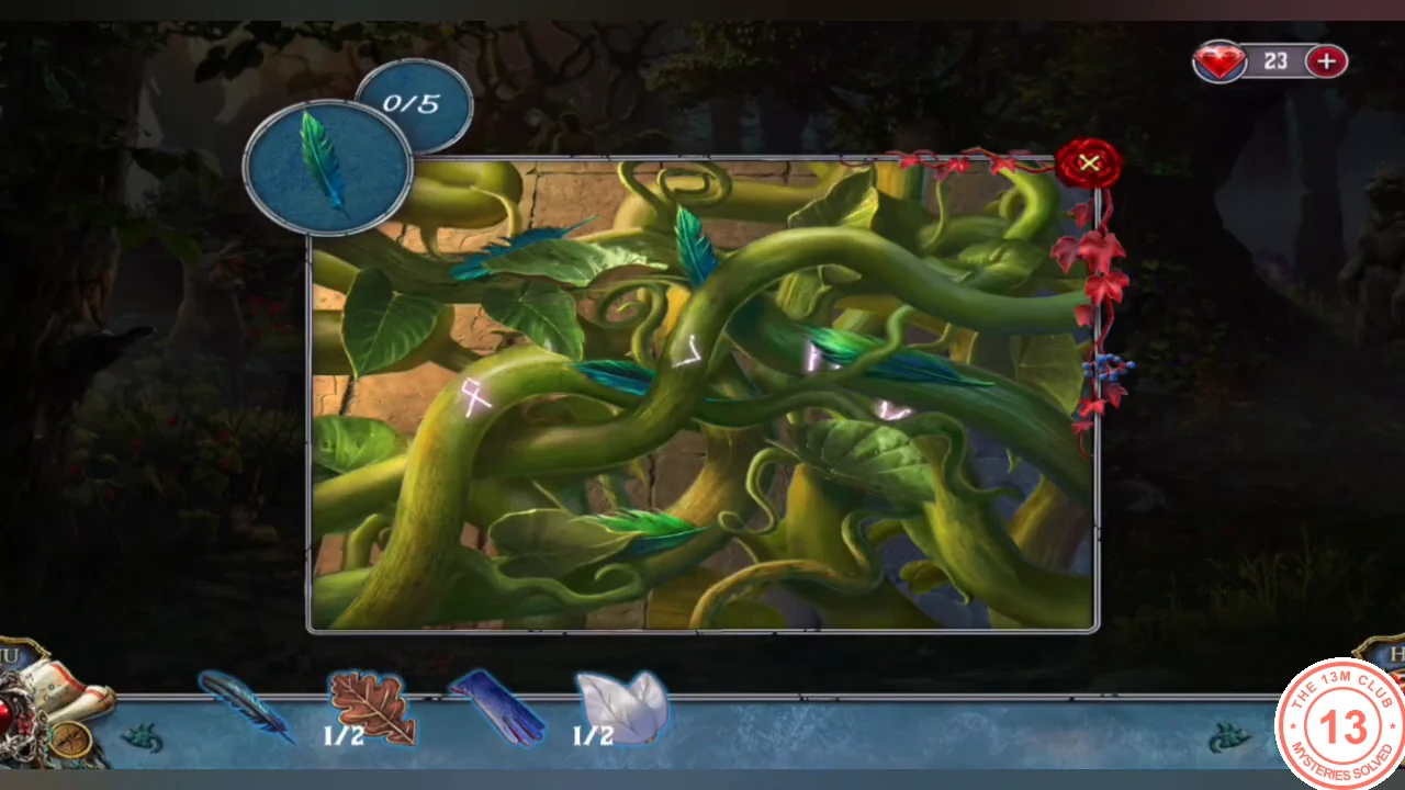 Close-up of the thick vines over the altar with green feathers tucked among them and a 0/5 feather counter