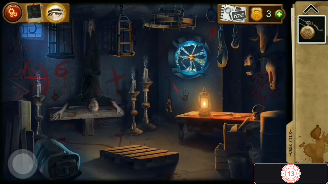 Dark ritual room lit by a lantern on a table, with a pentagram and red numbers on the walls, a pillory, candles, a pallet on the floor, a duffel bag at the lower left and a round stained-glass window at the back