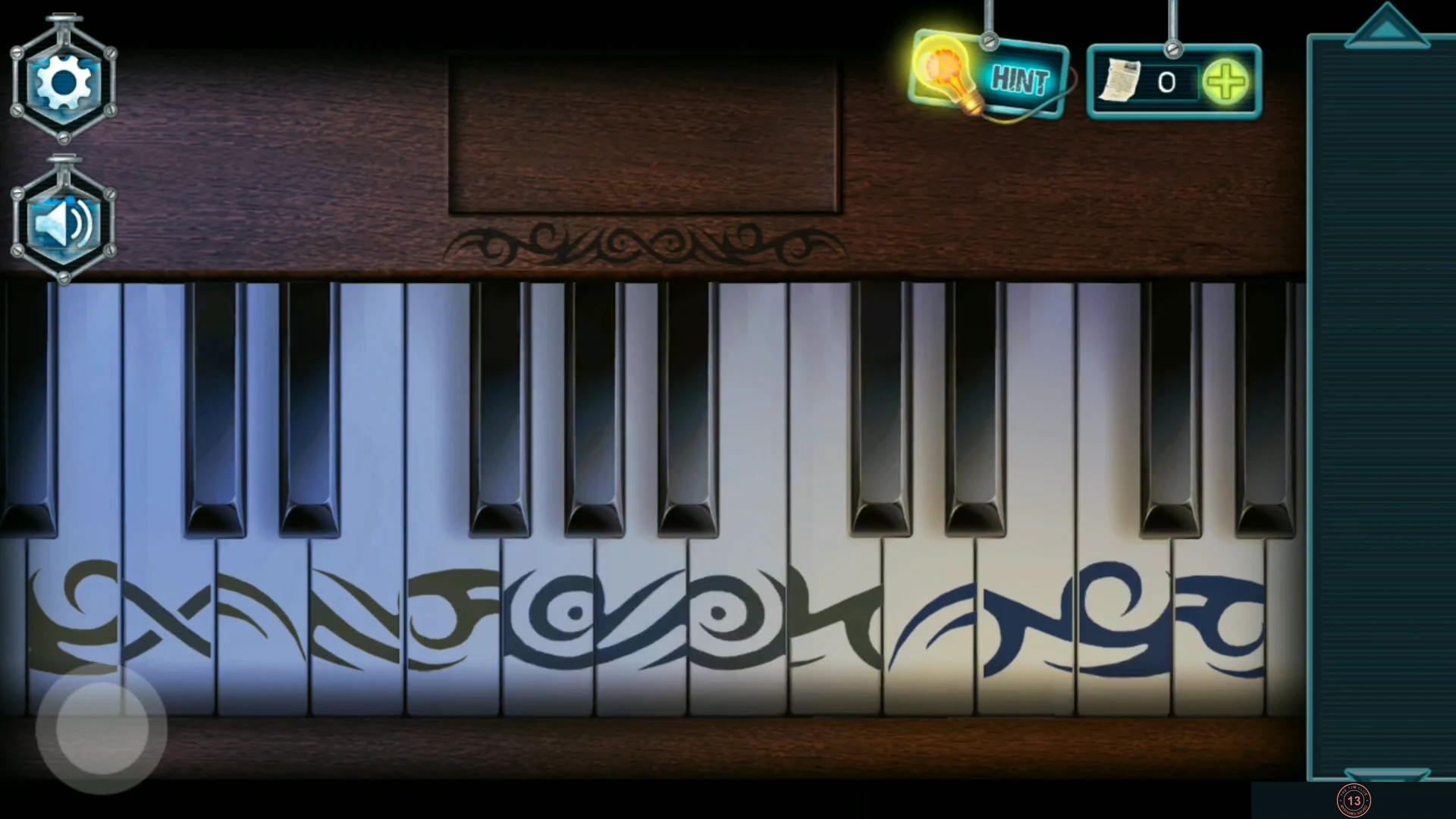 Attic piano keyboard with a jumbled black swirl pattern