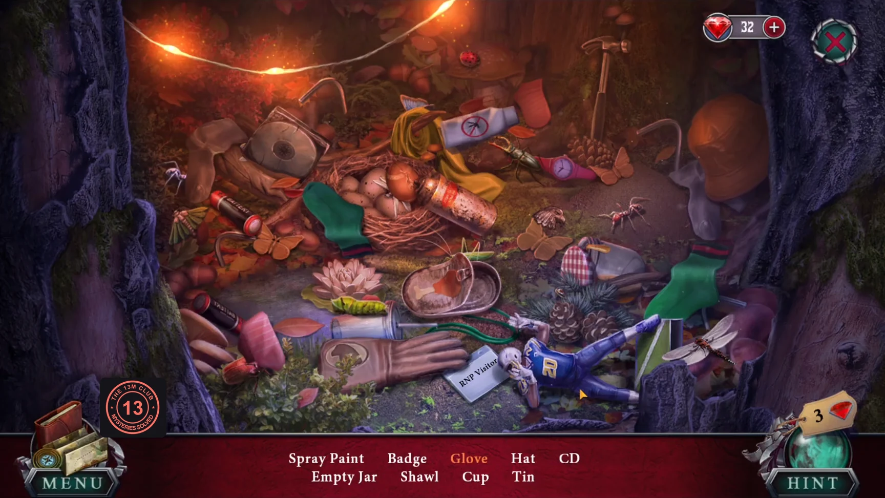 Cluttered tree hollow with the item list at the bottom