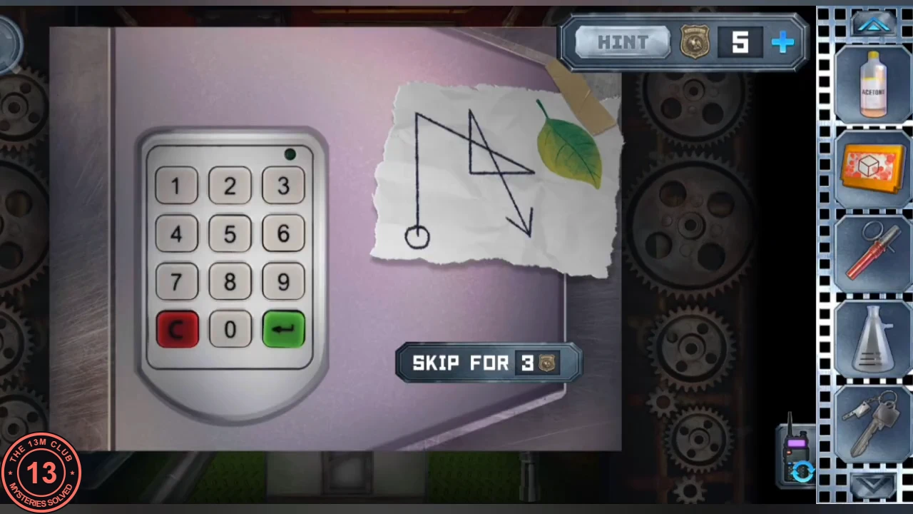 Greenhouse keypad 1 to 9 with C, 0 and enter keys beside a taped paper with a leaf and a line drawing that starts at a small circle, climbs up, zigzags across and ends in an arrow
