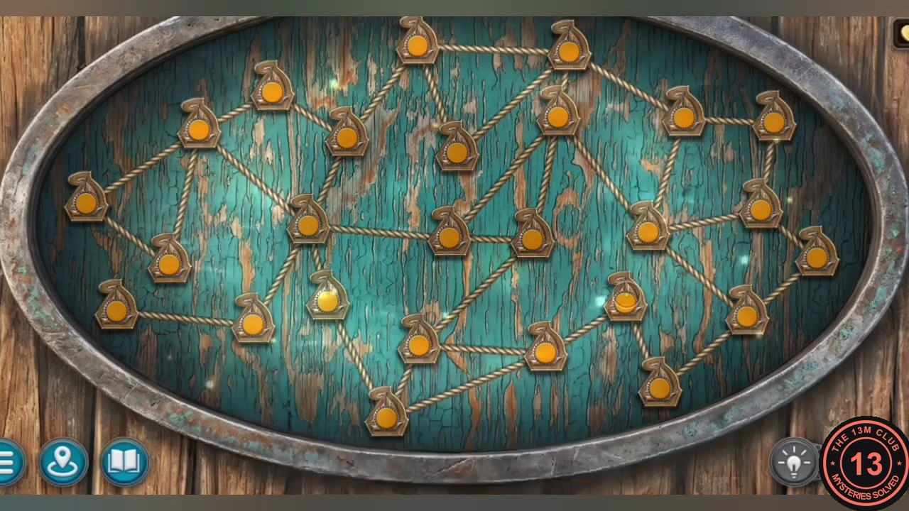 Solved rope puzzle with every cleat satisfied and shown as a plain orange disc, ropes tied between them