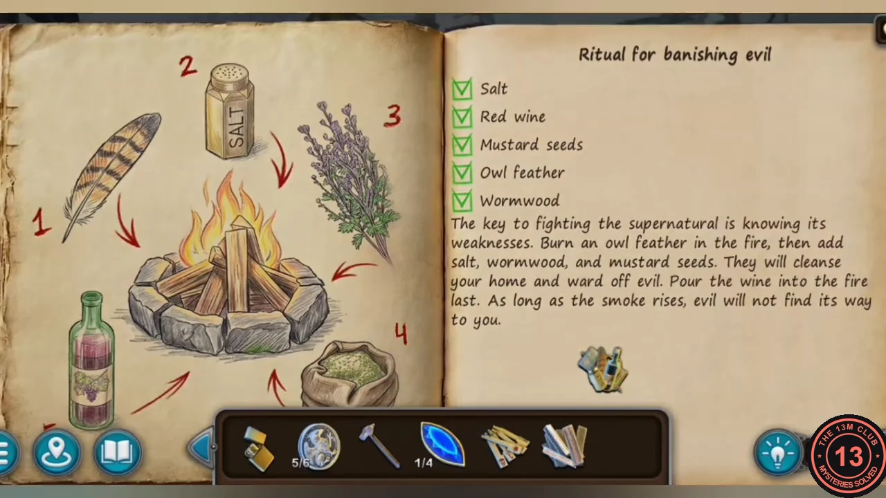 Ritual for banishing evil page with salt, red wine, mustard seeds, owl feather and wormwood all ticked