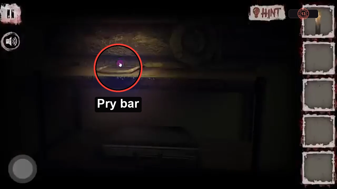 Top shelf close-up with the hooked pry bar circled beside the valve wheel