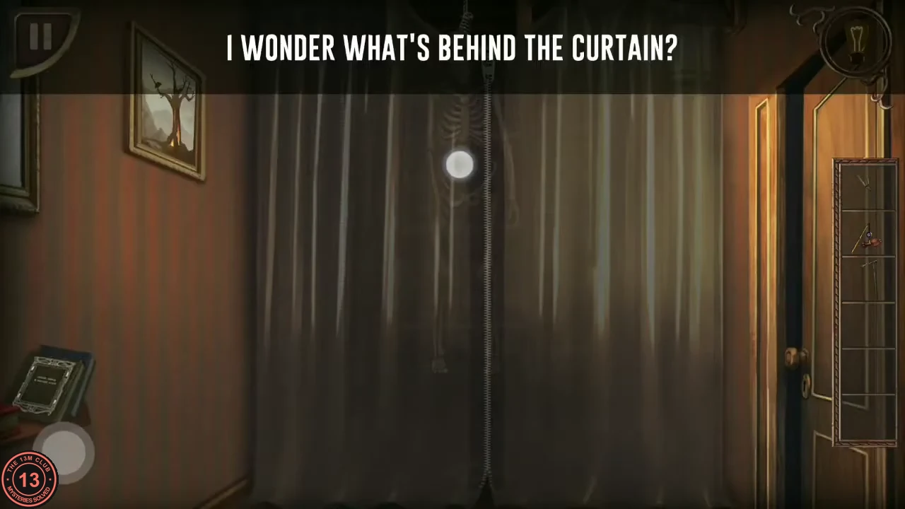 A sheer curtain with a long zip hanging across the end of the hallway, with a dark figure visible behind it.