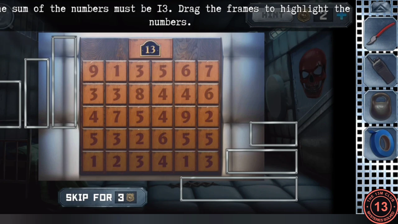 Six-by-five number board with a 13 badge on top in Anna's padded cell, empty metal frames waiting beside it and the instruction to drag frames so each sum is 13