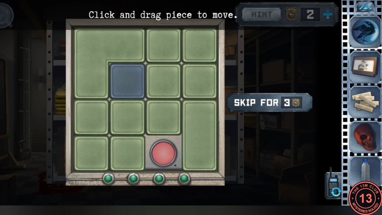 The white box's sliding layer: green tiles and one grey-blue tile in a frame, a single red button visible in a gap, and four unlit green lamps along the bottom.