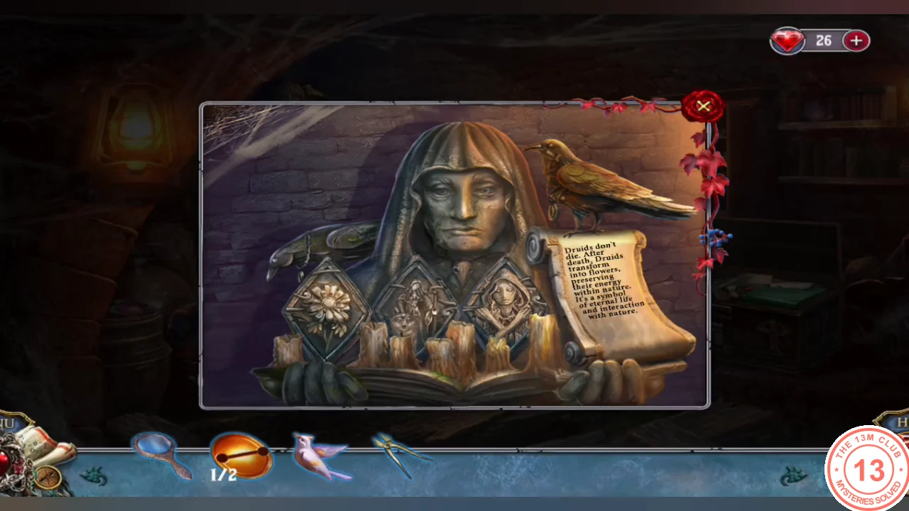 Hooded druid statue with three stone plates and a scroll