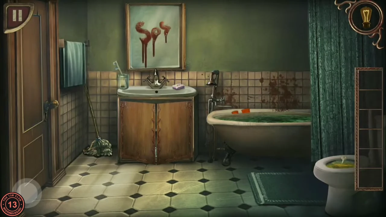 The bathroom with a mop by the sink, a cabinet under the sink, a bathtub full of green water and a toilet.