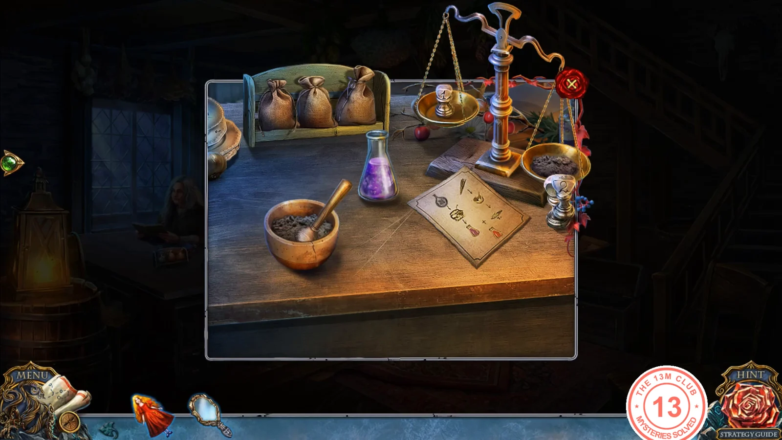 Worktable with the mortar, the mixture flask, the recipe and the scales with weights