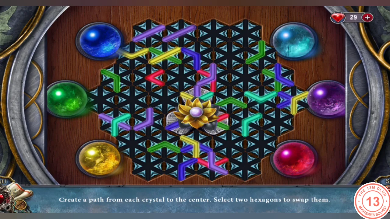 Hexagon gem panel with six colored crystals around the lotus and scattered colored channel pieces