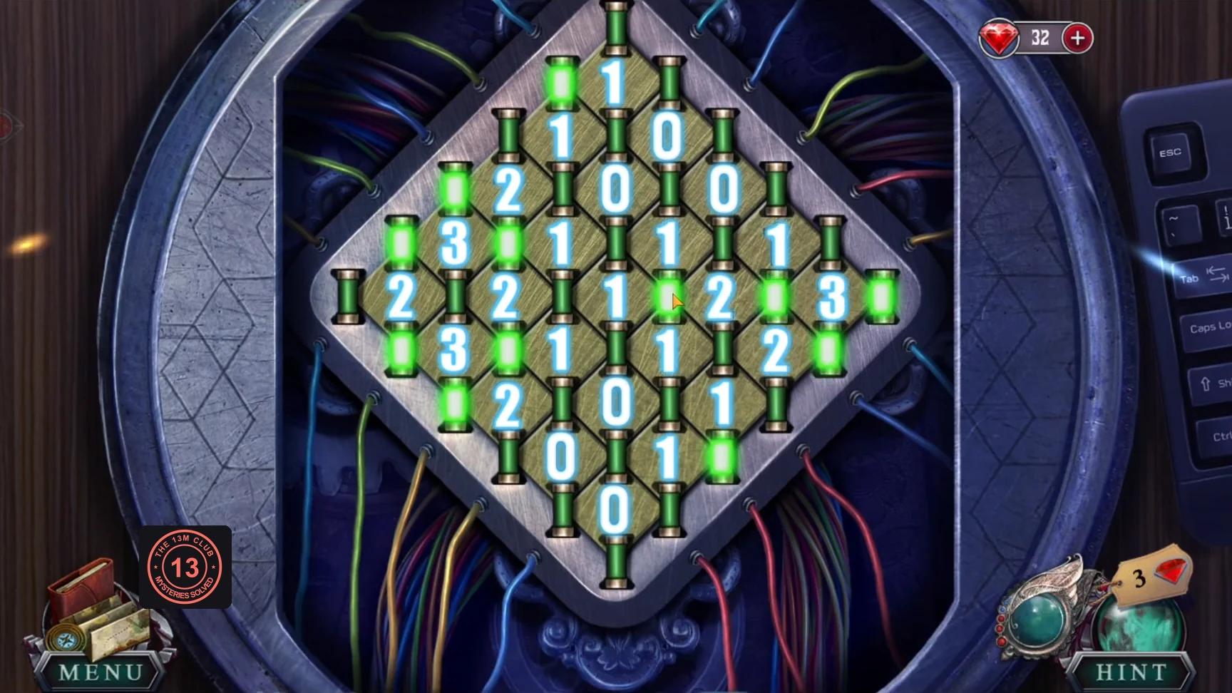 Panel with every number lit and the chosen fuses glowing