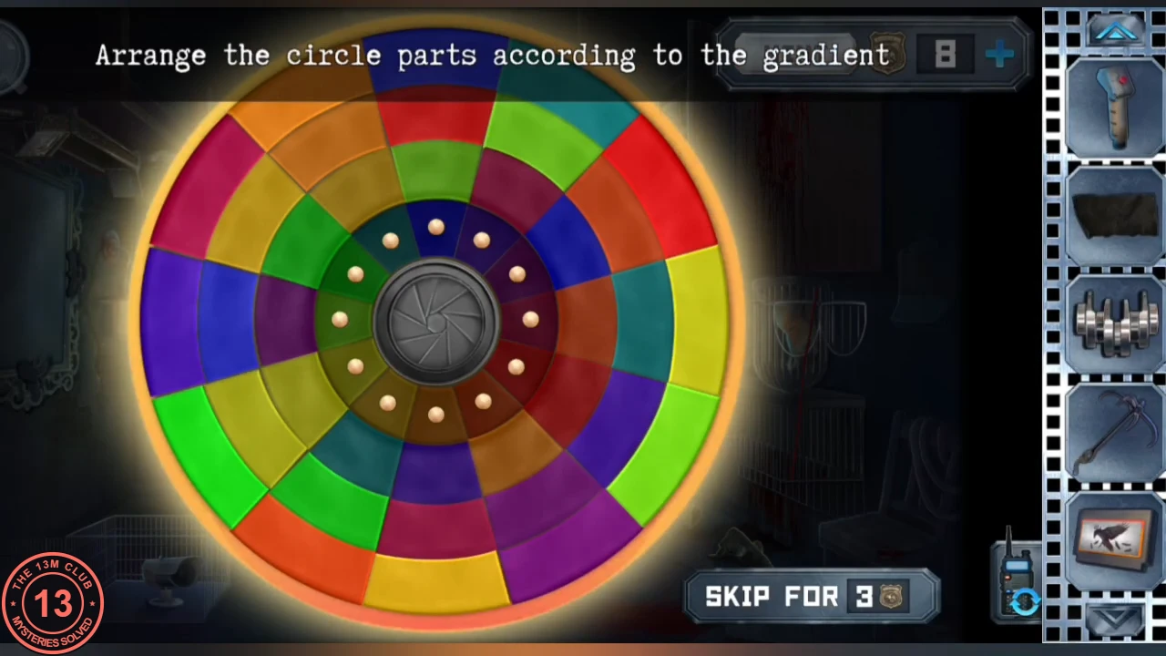 Colour wheel on the purple-room floor with its rings mixed up, instruction Arrange the circle parts according to the gradient