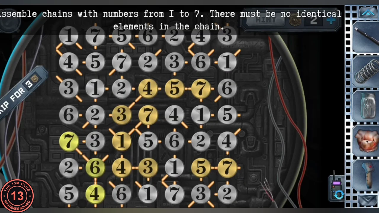 7 by 7 board of numbered silver circles linked by short orange lines on the robot head, with a few circles tinted gold, under the text 'Assemble chains with numbers from 1 to 7. There must be no identical elements in the chain.'