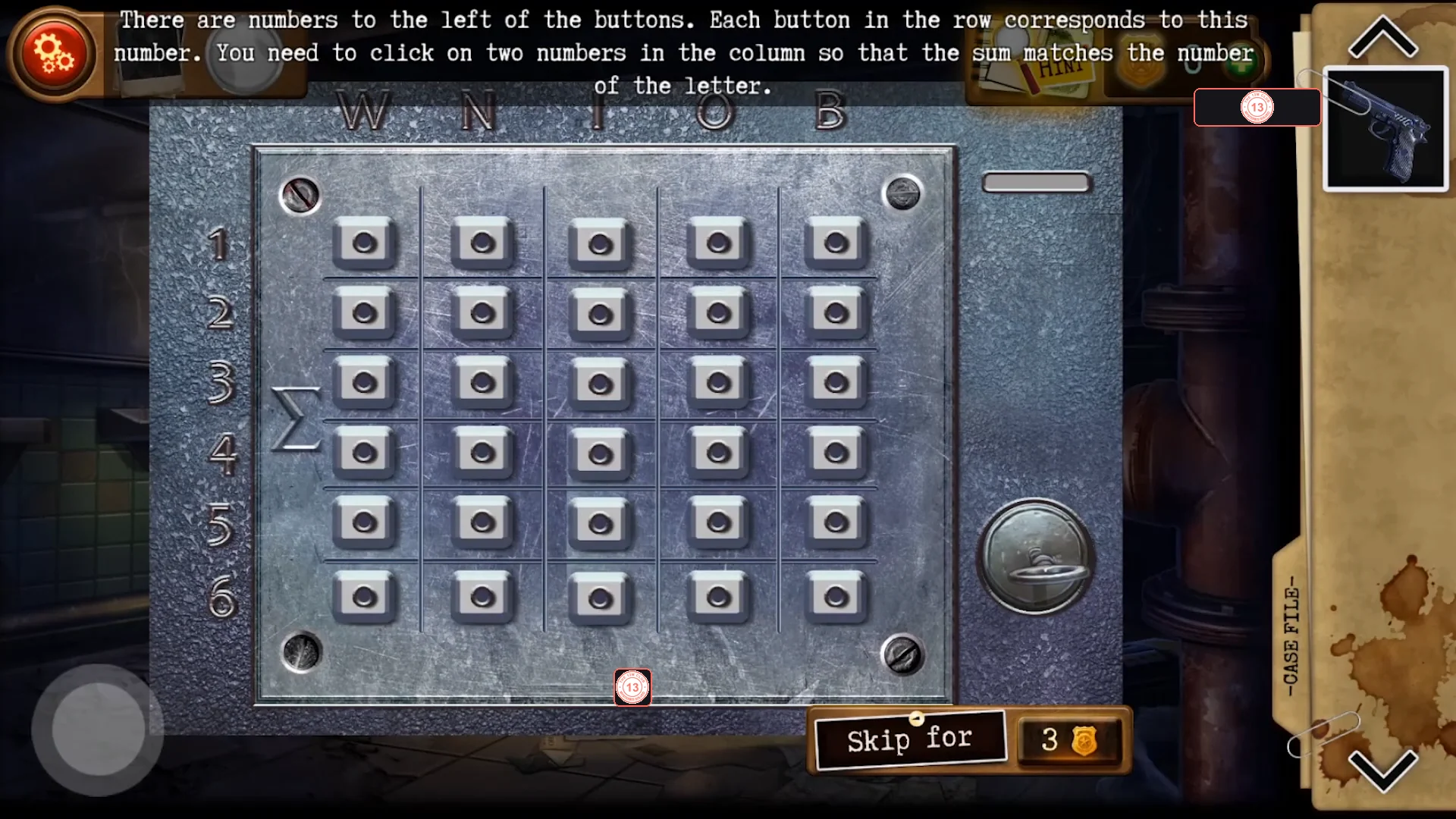 Steel panel with columns W, N, I, O and B, rows numbered 1 to 6 and a grid of buttons, with the instruction text above