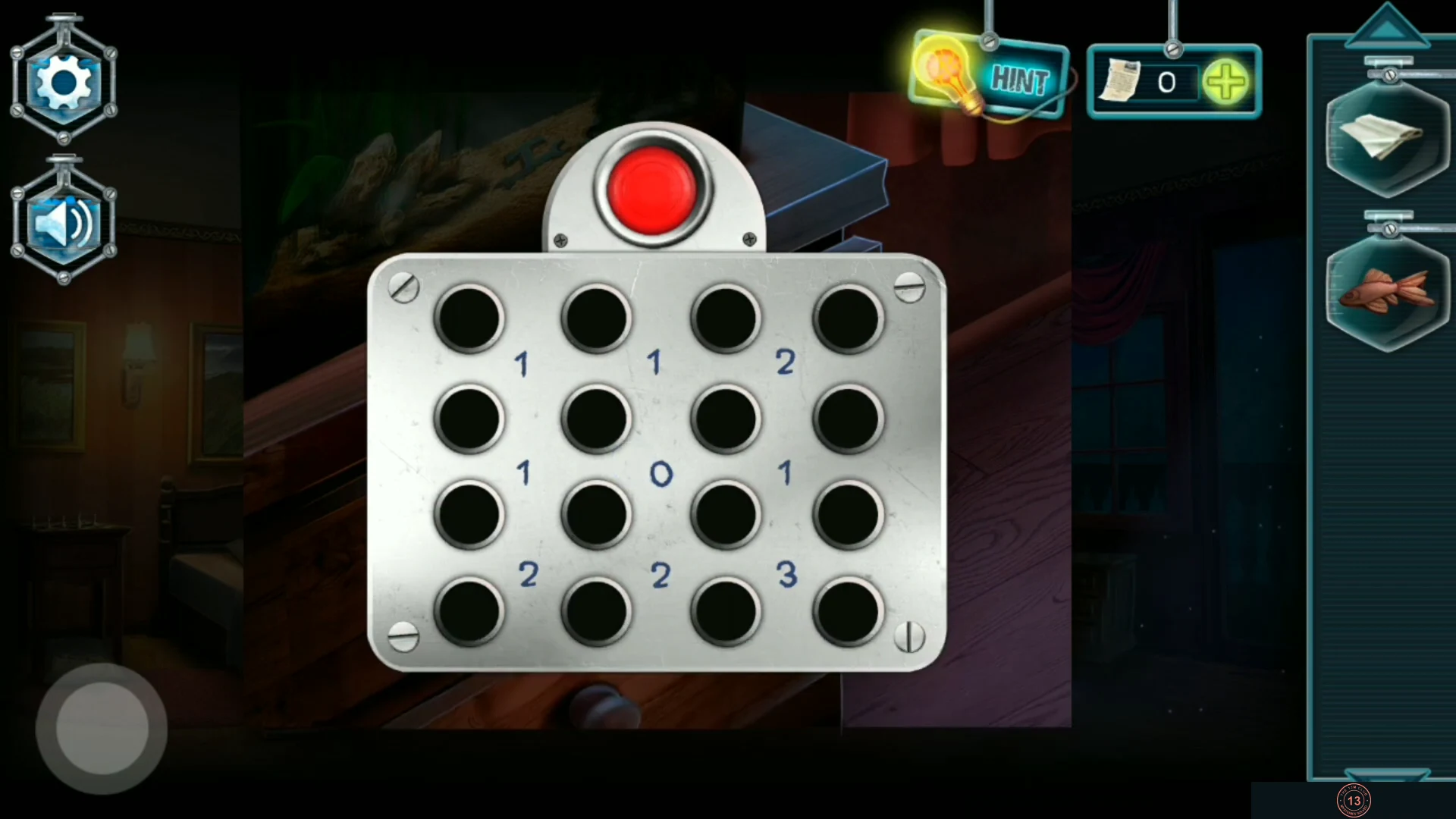 Dresser plate with a 4 x 4 grid of buttons and numbers between them under the aquarium