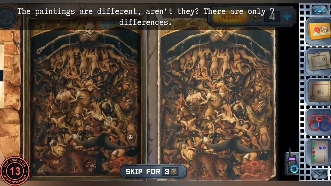 Two copies of a dark painting of figures in hell side by side, with the text 'The paintings are different, aren't they? There are only 7 differences.'