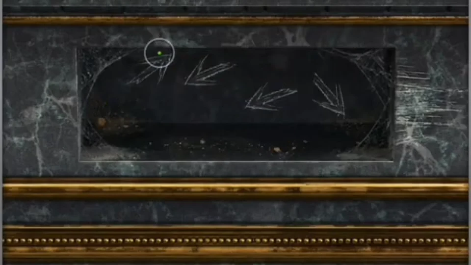 Library mantel panel with four hand-scratched arrows: up-right, left, left, down-right