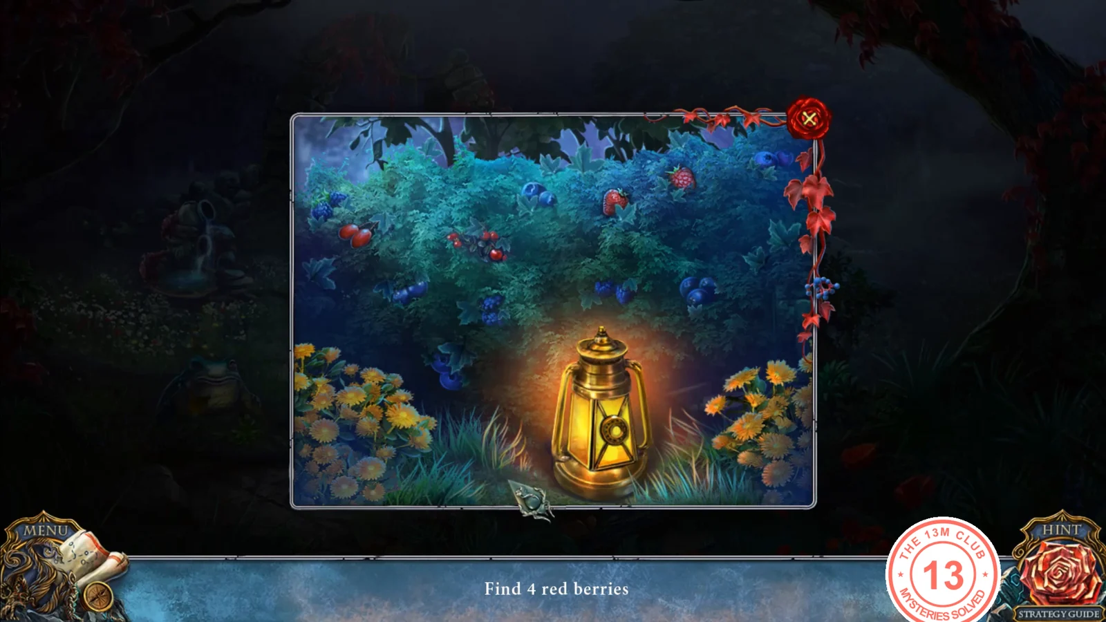 Close-up of the berry bush lit by the lantern, bar reading "Find 4 red berries"