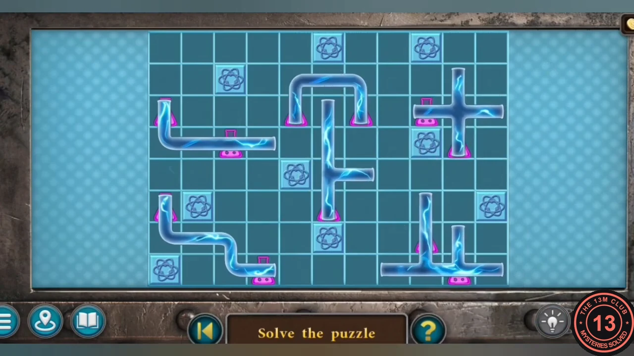 Solved pipe puzzle with all six pipe pieces placed and every flask turned into a pink fitting