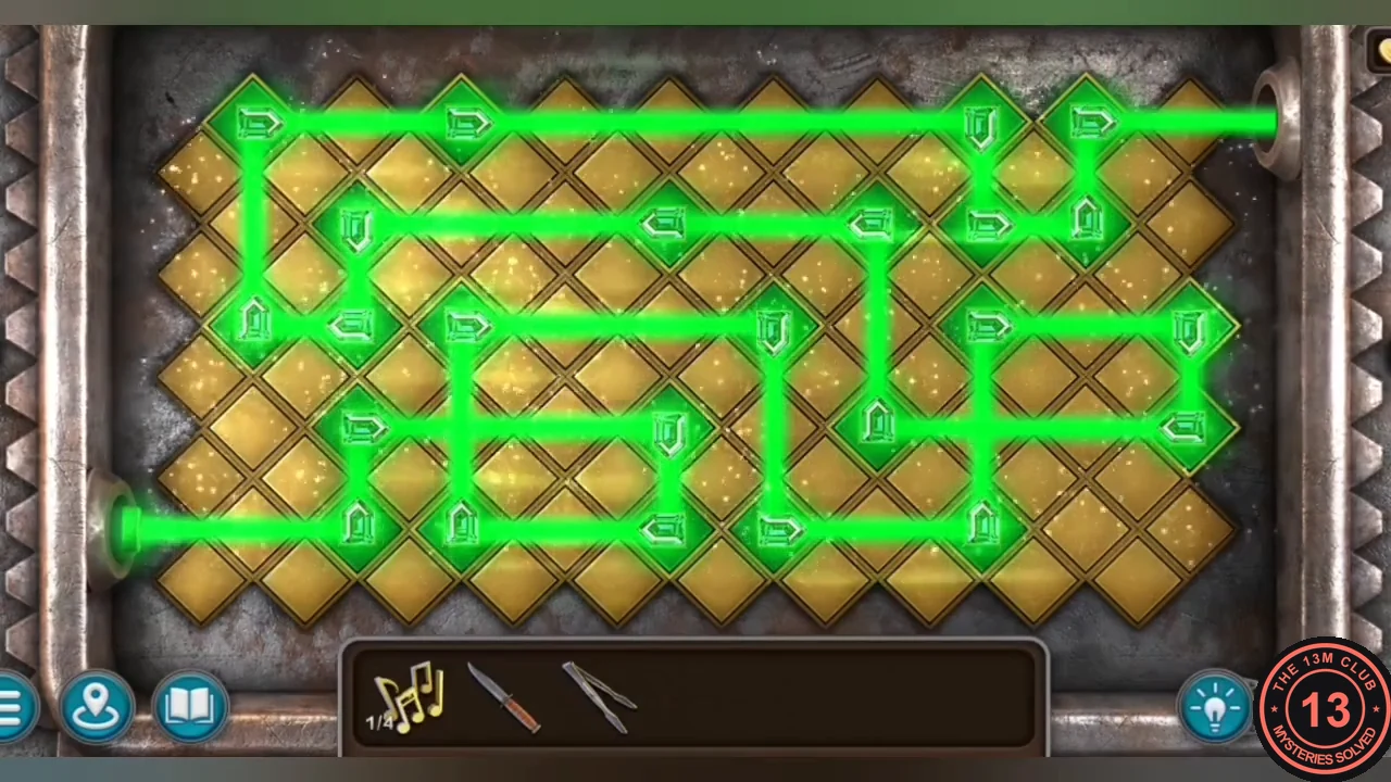 Solved gate beam puzzle with a continuous green beam winding from the lower-left emitter to the top-right receptor