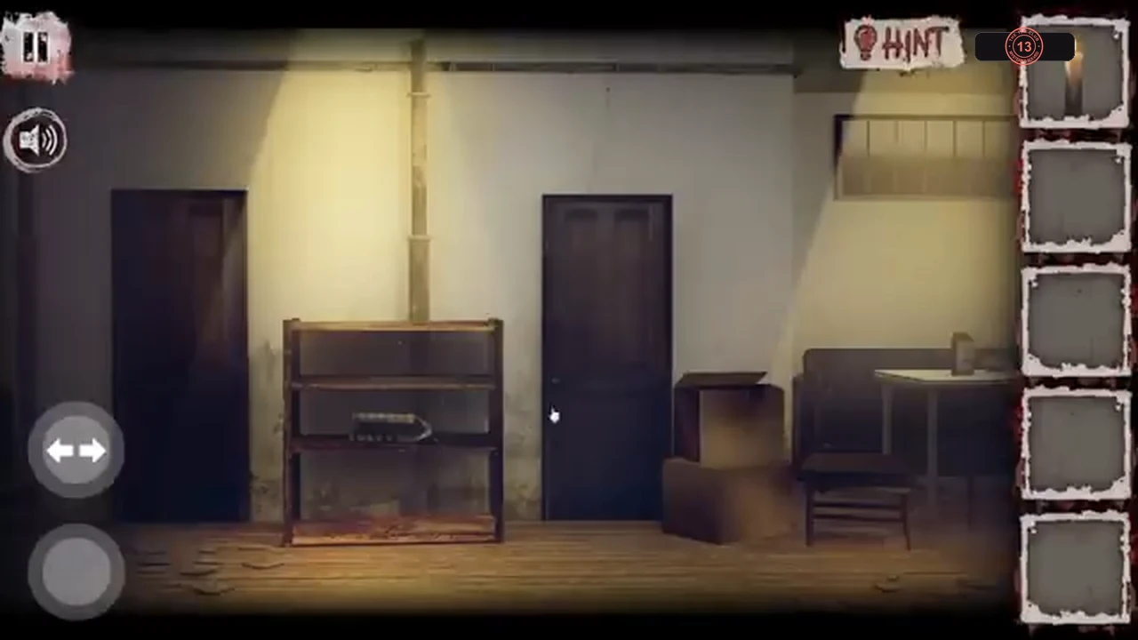 Upstairs corridor with two doors, a low shelf and boxes, a table and sofa at the right