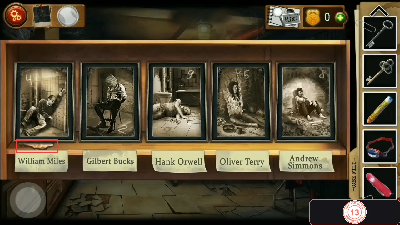 Shelf of five victim photos above the names William Miles, Gilbert Bucks, Hank Orwell, Oliver Terry and Andrew Simmons, with chalk numbers 4, 2, 9, 5 and 8; a small burnt paper scrap below the first photo is outlined