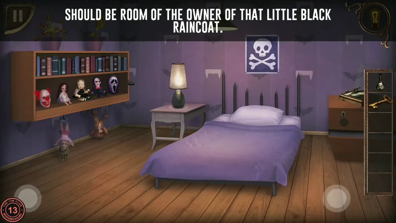 A purple child's bedroom with a doll shelf on the left wall, a bed, a skull poster and a nightstand with a locked drawer on the right.