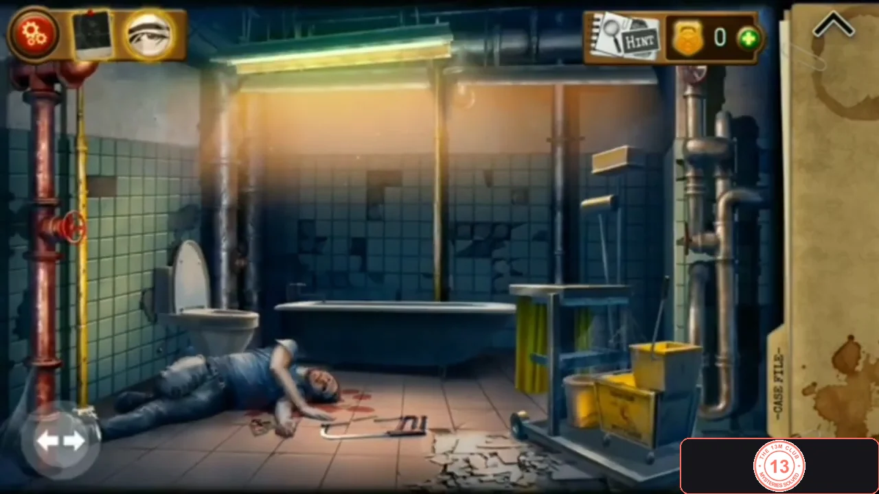 Bathroom with Hank's body on the tiled floor, a bathtub, a toilet by the leaking pipe and a cleaning cart