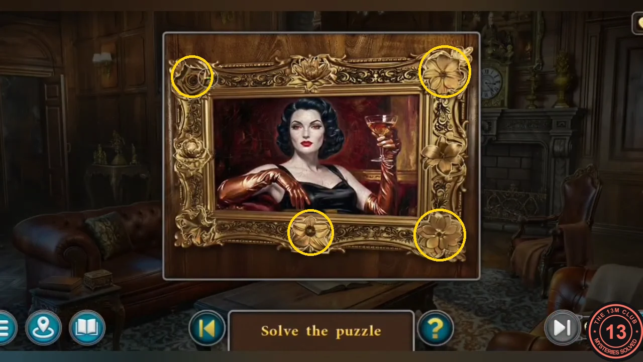 Living room portrait of a woman with a glass; four flowers on the frame are circled