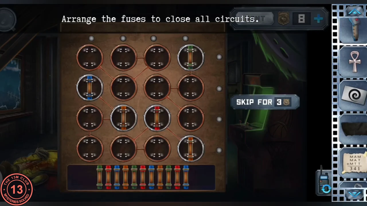 Fuse box in the utility room: a 4 by 4 grid of round sockets with four fuses already fixed, a tray of coloured fuses below and grey lamps along the top and right, instruction Arrange the fuses to close all circuits.