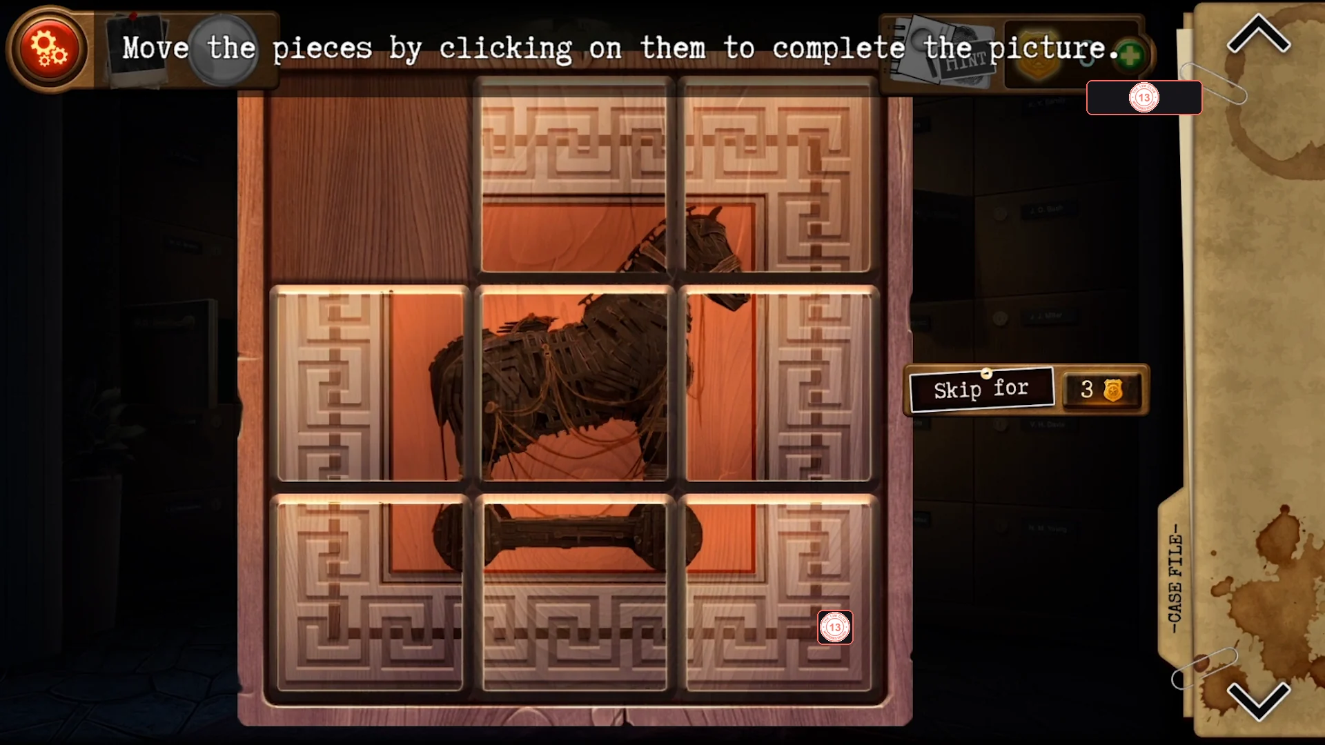 Completed tile picture: a woven horse statue in the middle row, its plinth in the bottom-middle, maze borders around it and the empty space in the top-left corner