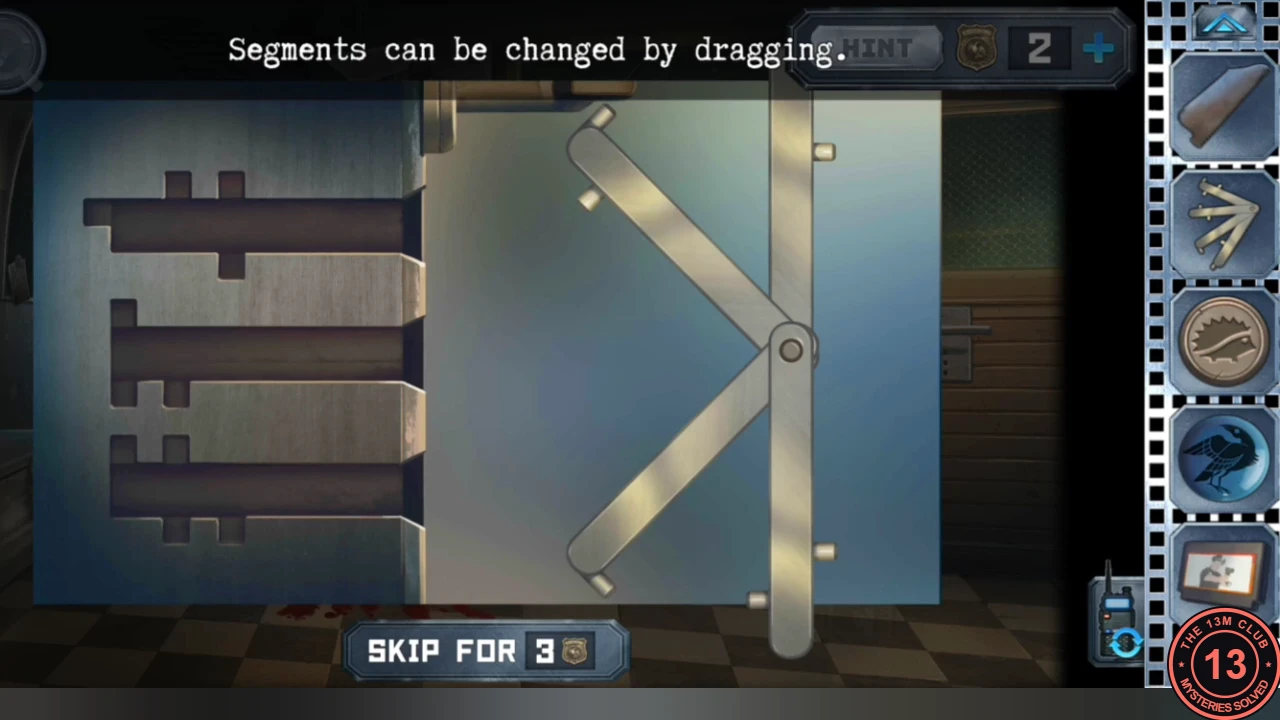 Reception door lock with three key-shaped slots on the left and hinged metal bar segments on the right, with the text 'Segments can be changed by dragging'