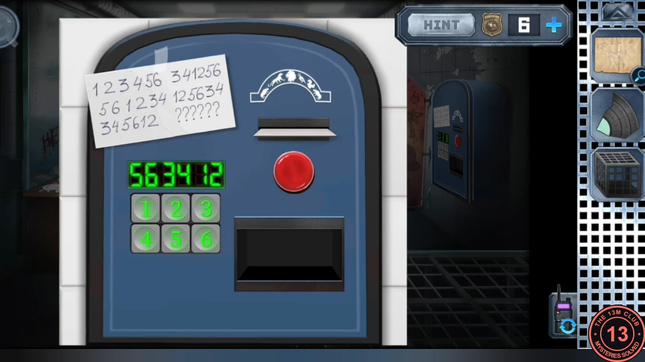 The token machine with the joined letter note reading 123456, 561234, 345612 and 341256, 125634, ??????, and the green display showing 563412