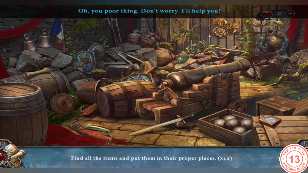 Castle gate area cluttered with barrels, crates and cannon parts, bar reading "Find all the items and put them in their proper places (x12)"