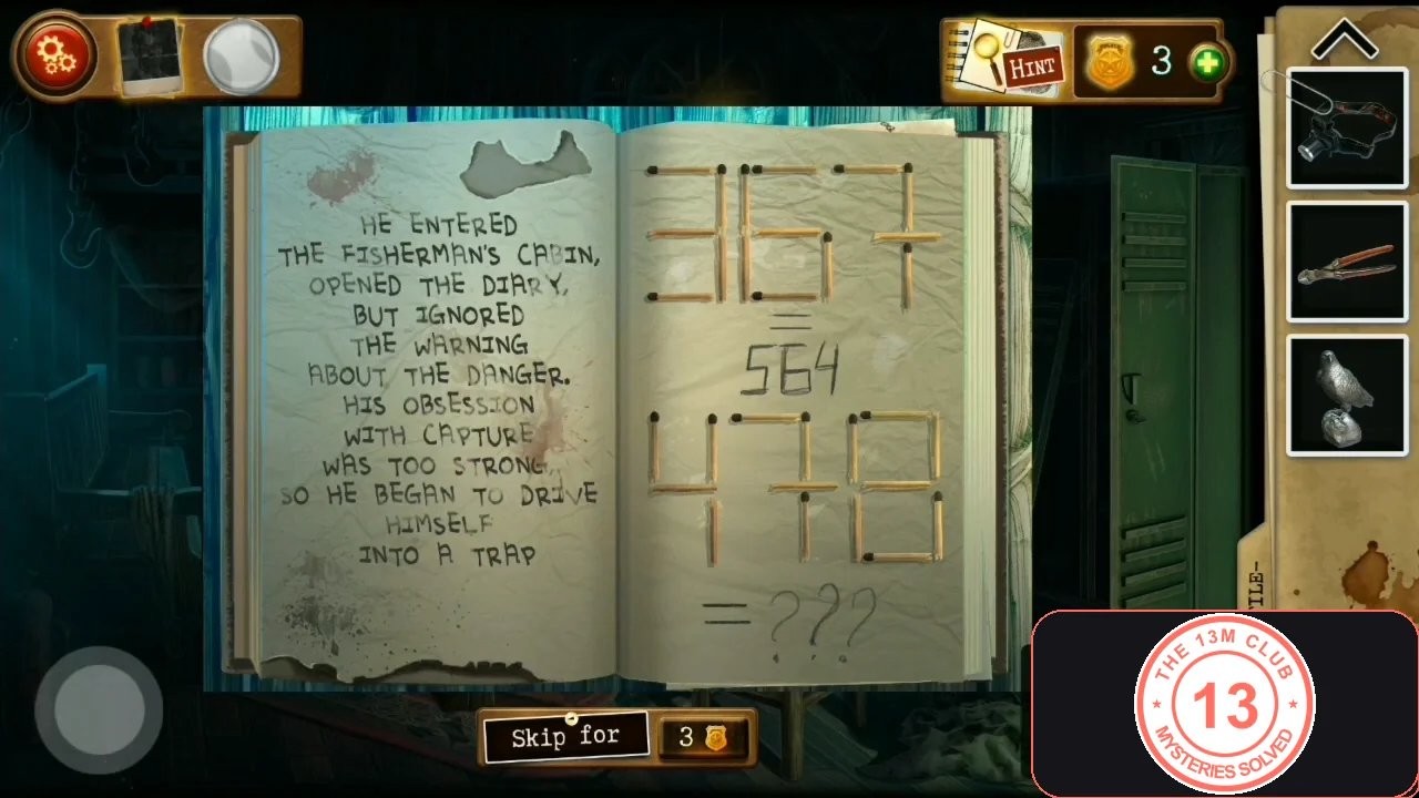 Open diary with a handwritten warning on the left page and matchstick numbers on the right: 367 equals 564, then 478 equals question marks