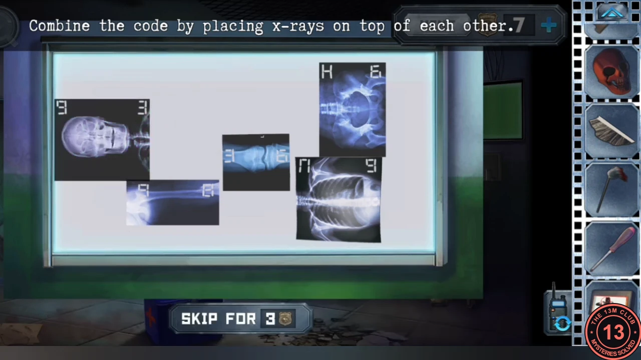 X-ray light box with five loose X-ray films (skull, chest, pelvis, leg and foot) each carrying corner numbers, and the instruction to combine the code by placing X-rays on top of each other