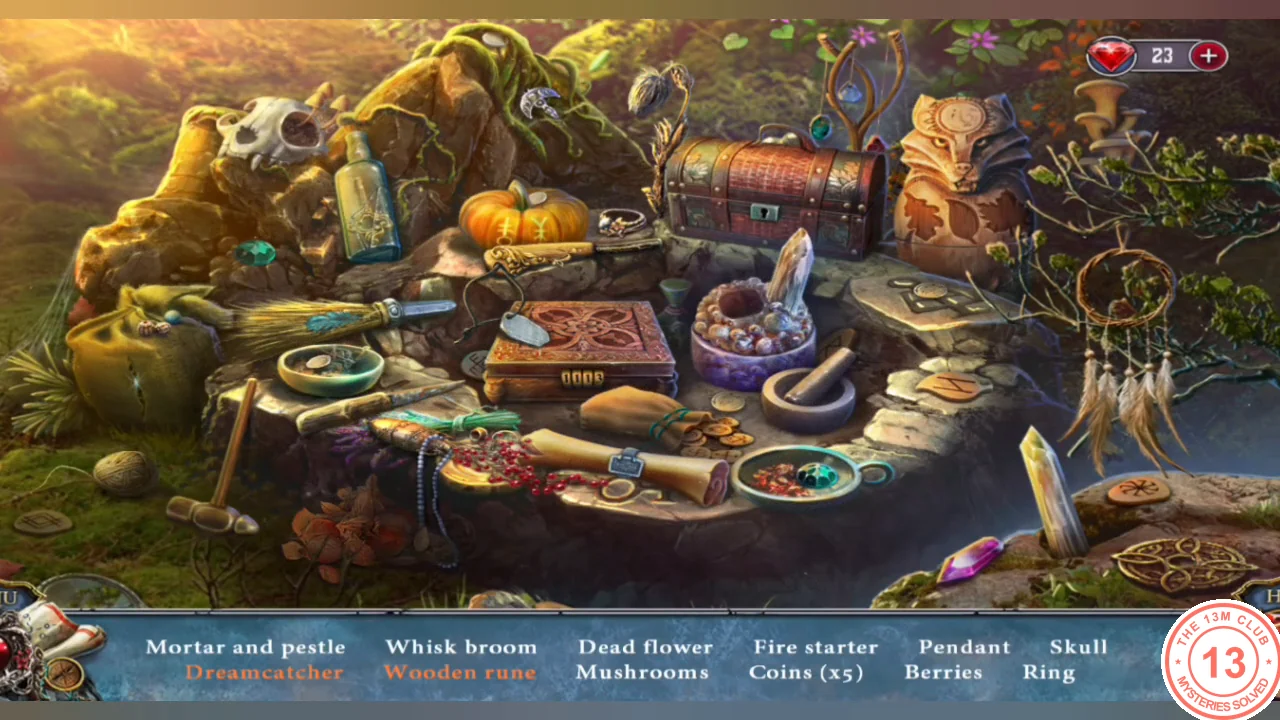 Stone altar hidden-object scene with a chest, skull and dreamcatcher, item list below