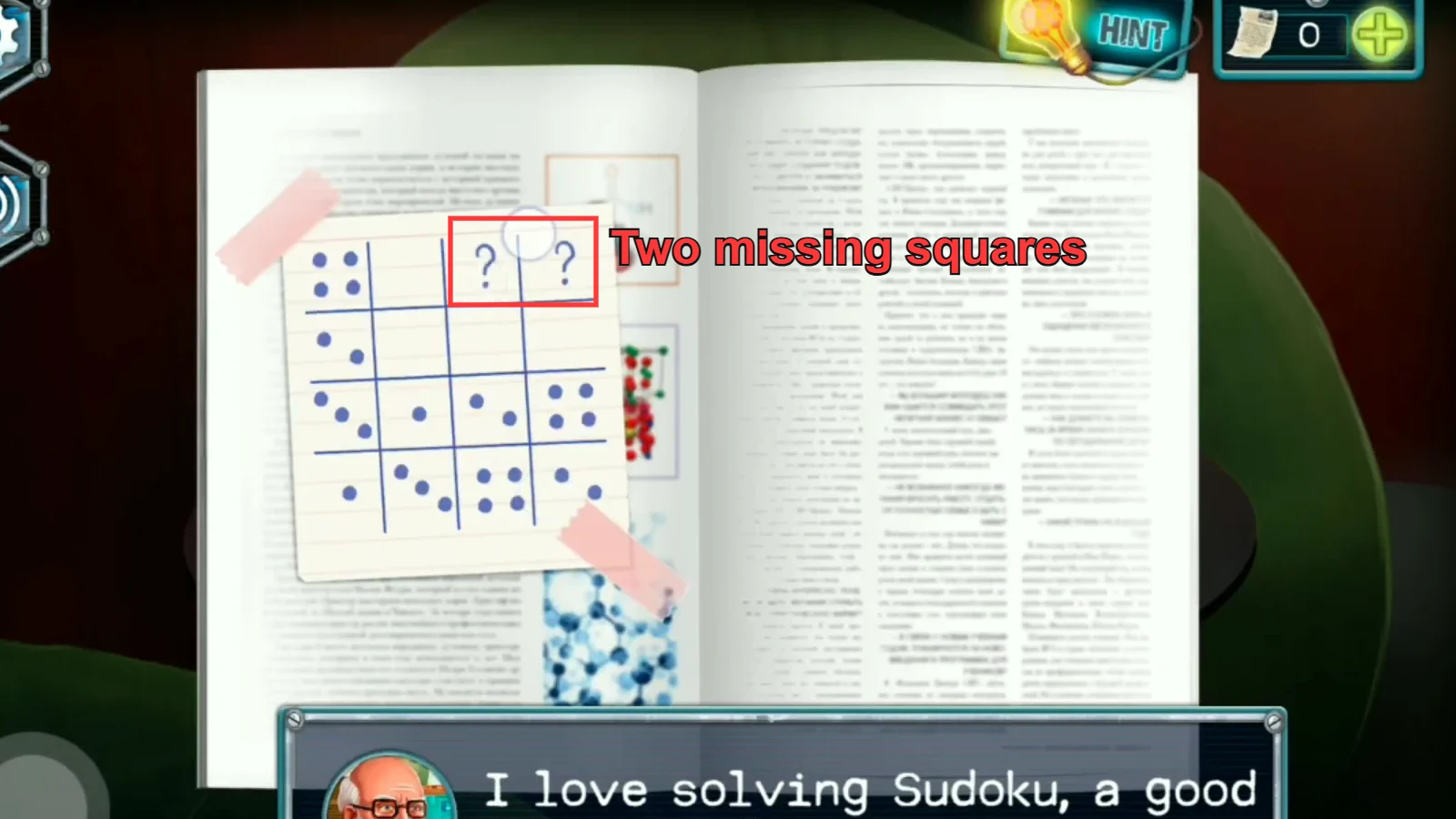 Sudoku note on the magazine with two question-mark squares outlined in the top row