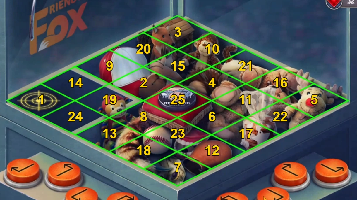 Claw machine grid with each cell numbered 1 to 25 in visiting order