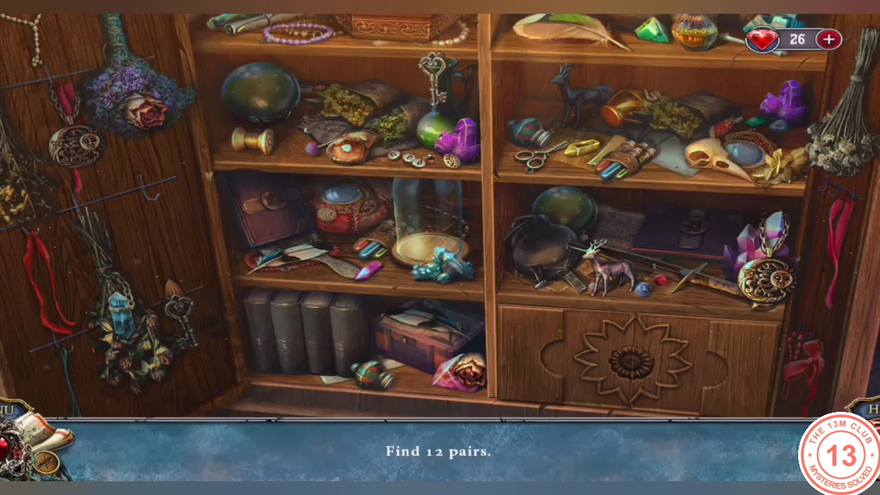 Open sunflower cupboard with shelves of objects, bar reading "Find 12 pairs"