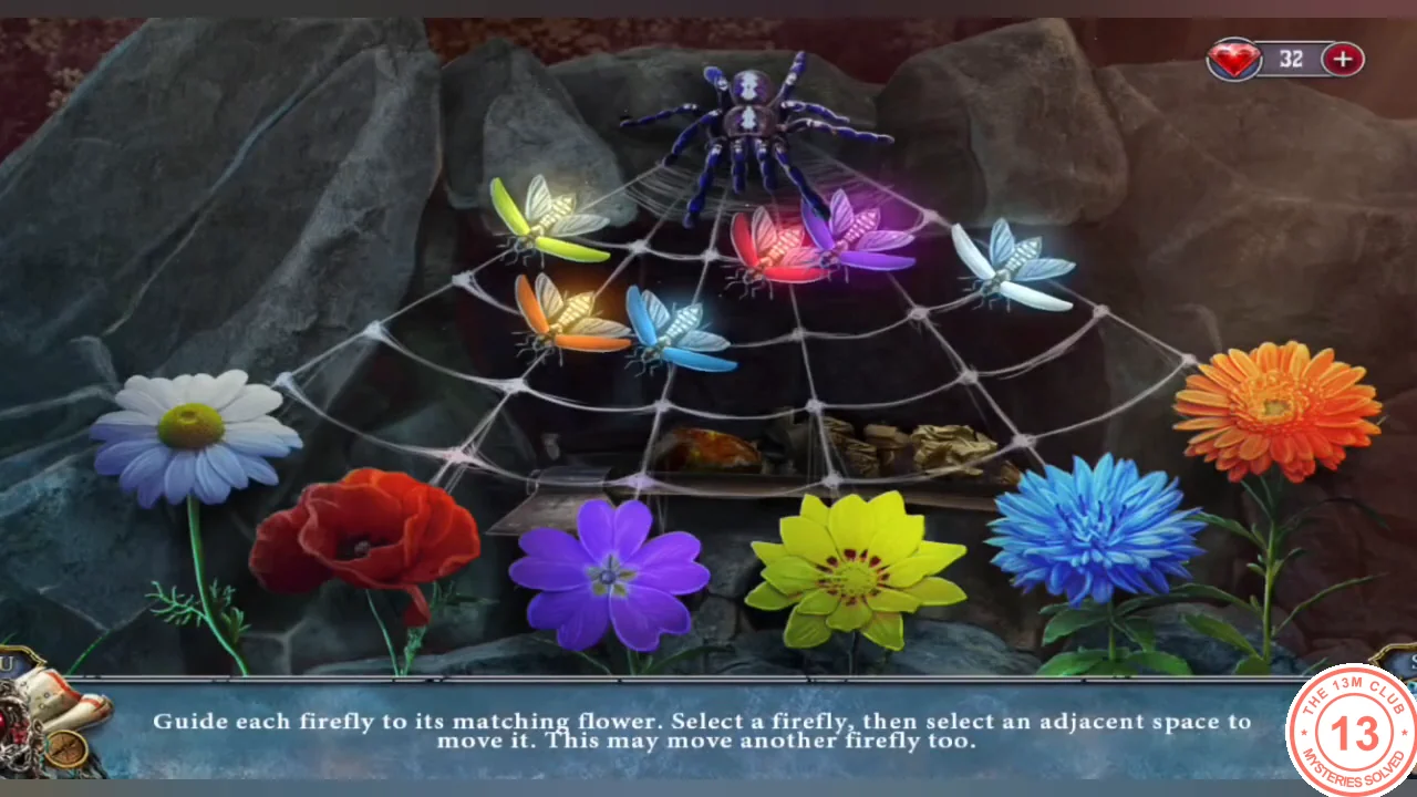 Spider web with six colored fireflies at the top and six flowers below