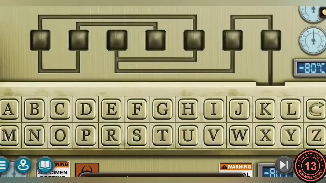 Freezer terminal with seven empty letter slots joined by wire paths above an A to Z keyboard