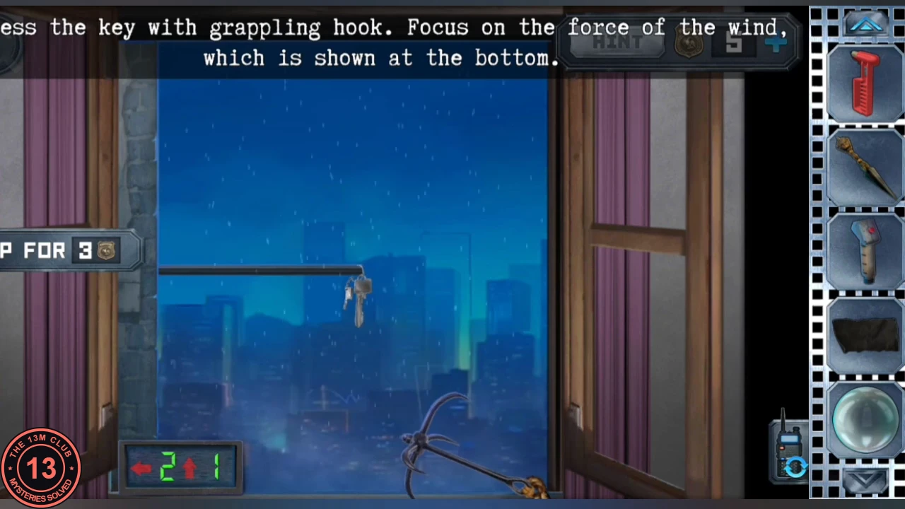 View from the purple-room window: keys hanging from a bar outside in the rain, the grappling hook at the bottom, and the wind indicator at the bottom left reading a left arrow 2 and an up arrow 1