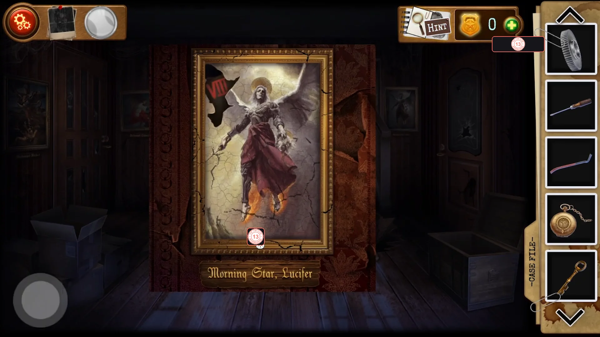 Completed Morning Star, Lucifer painting of a winged angel, with the Roman numeral VIII painted in red in the upper-left corner