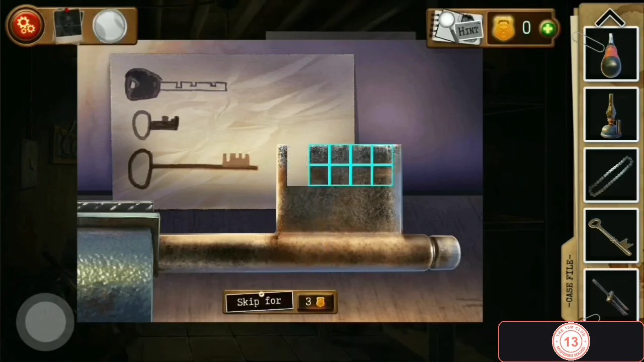 Key blank in the vise with a grid of cyan cells over its bit, and the pinned drawing of a car key, a small key and a big old key behind it