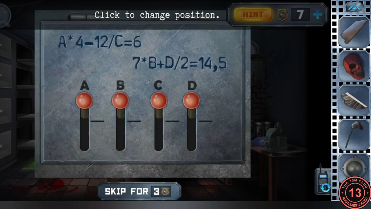 The furnace switch panel with the equations A*4-12/C=6 and 7*B+D/2=14,5 and four switches A, B, C and D all at the top position.