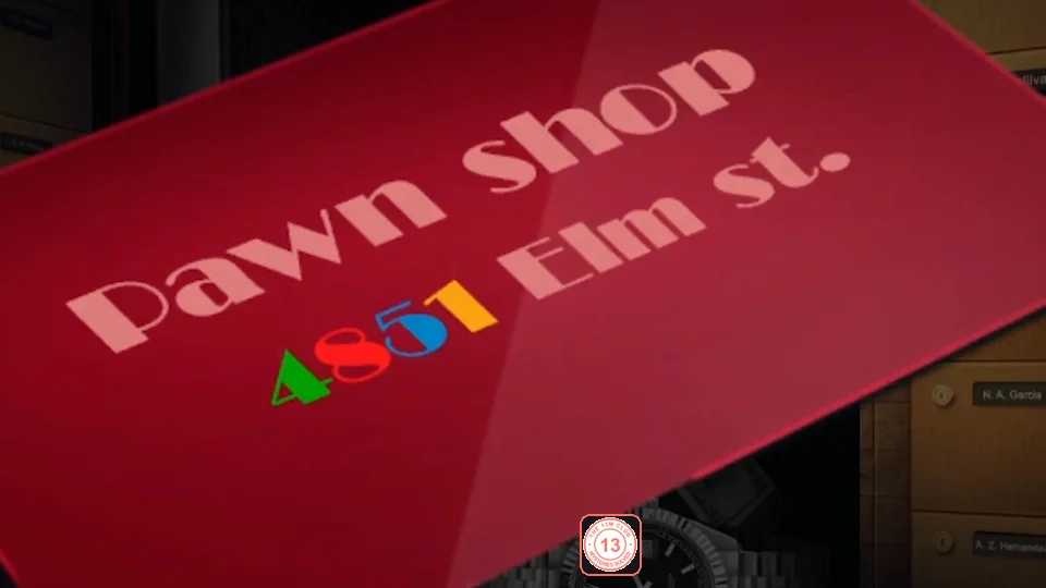 Red pawn shop card reading 4851 Elm st., with the 4 in green, the 8 in red, the 5 in blue and the 1 in orange
