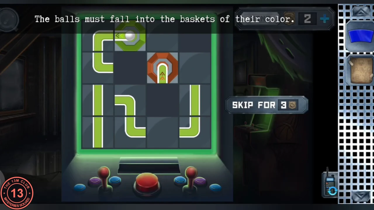 Basket arcade screen: a grid of green pipe tiles, a white ball in a green launcher at the top, an orange basket in the middle, and the instruction 'The balls must fall into the baskets of their color.'